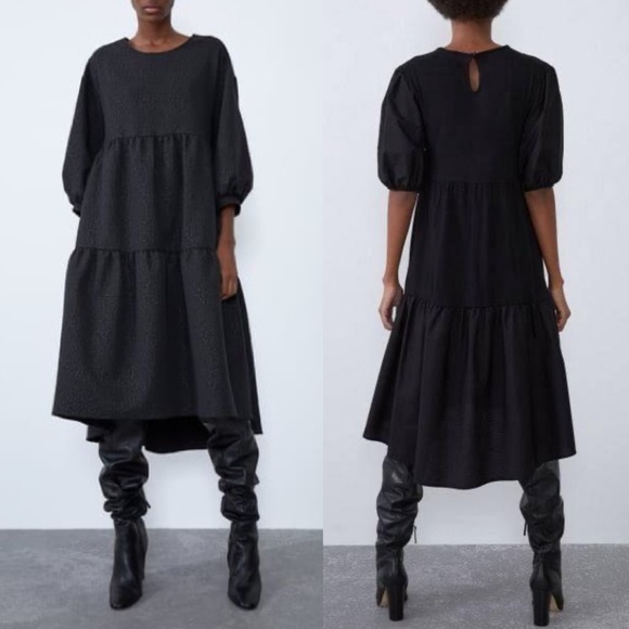 ZARA‎ Voluminous Jacquard Relaxed Dress In Black - Picture 1 of 12